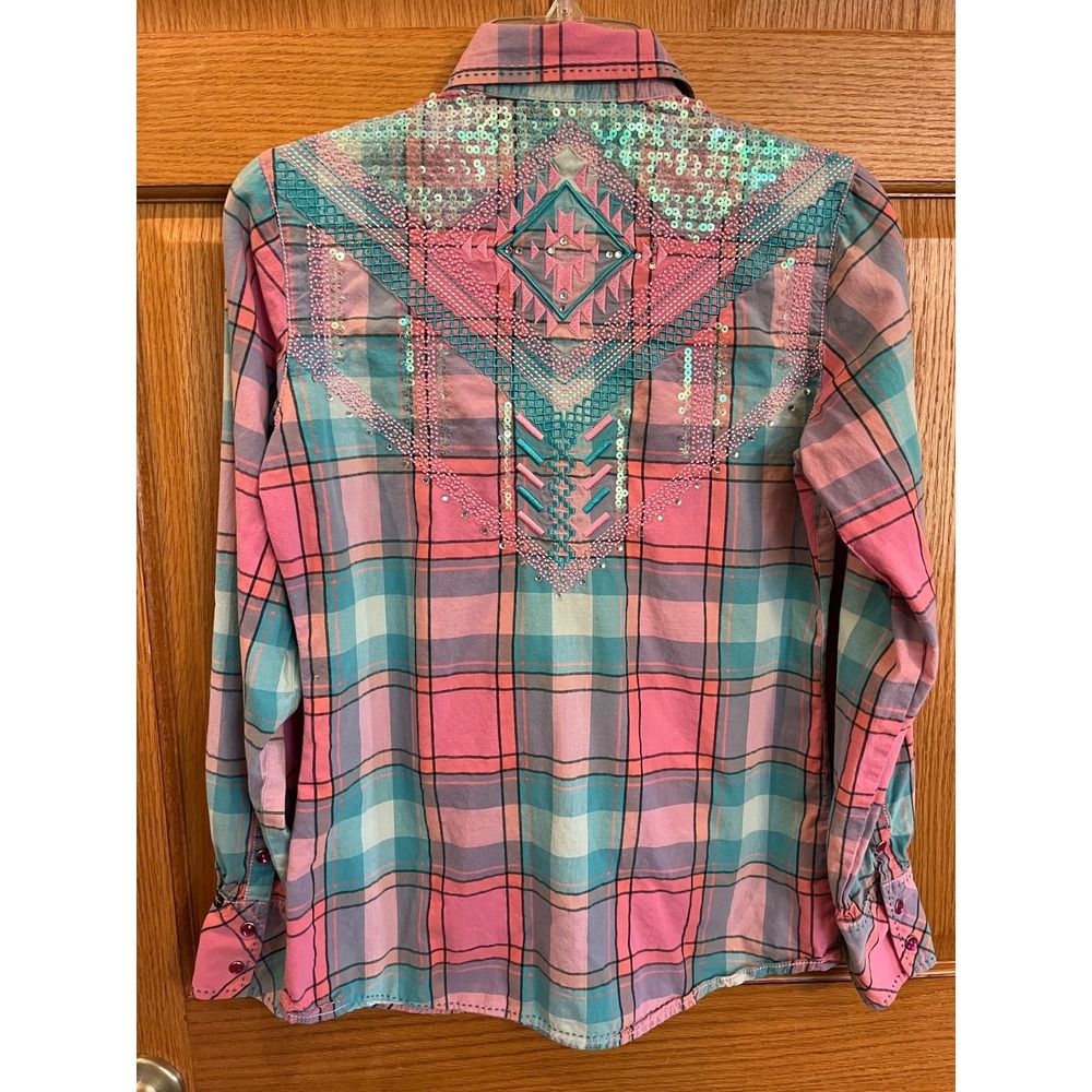 Cowgirl Up Pink Plaid Sequin Snap Shirt Womens Small Western Rodeo - Picture 8 of 12